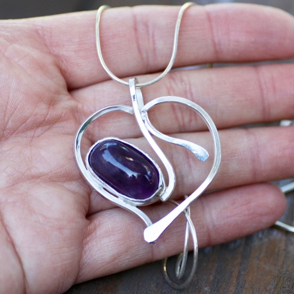 Handmade Heart Amethyst Pendant Sterling Silver , February Birthstone - Picture 5 of 5